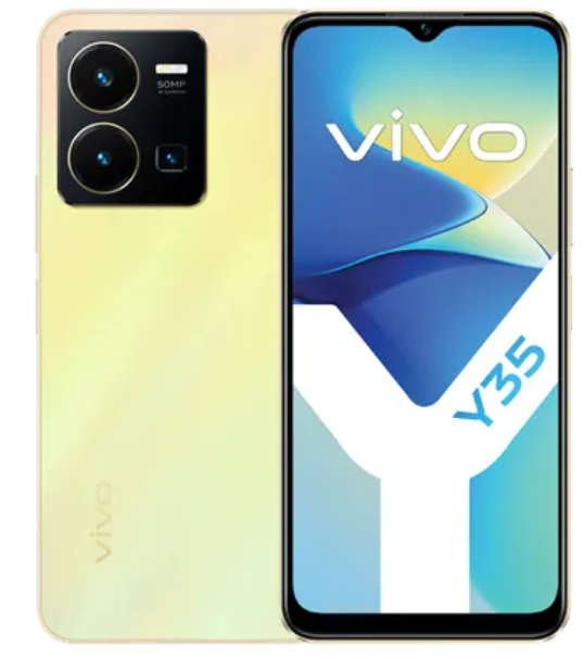 Sarı vivo Y35 akıllı telefon, ön ve arka tasarımları gösteriyor.