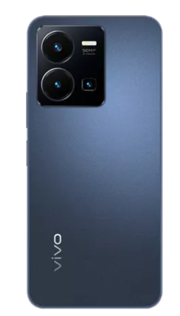 Mavi akıllı telefon arkası. Çift kameralar ve bir Vivo logosu. Beyaz arka plan.