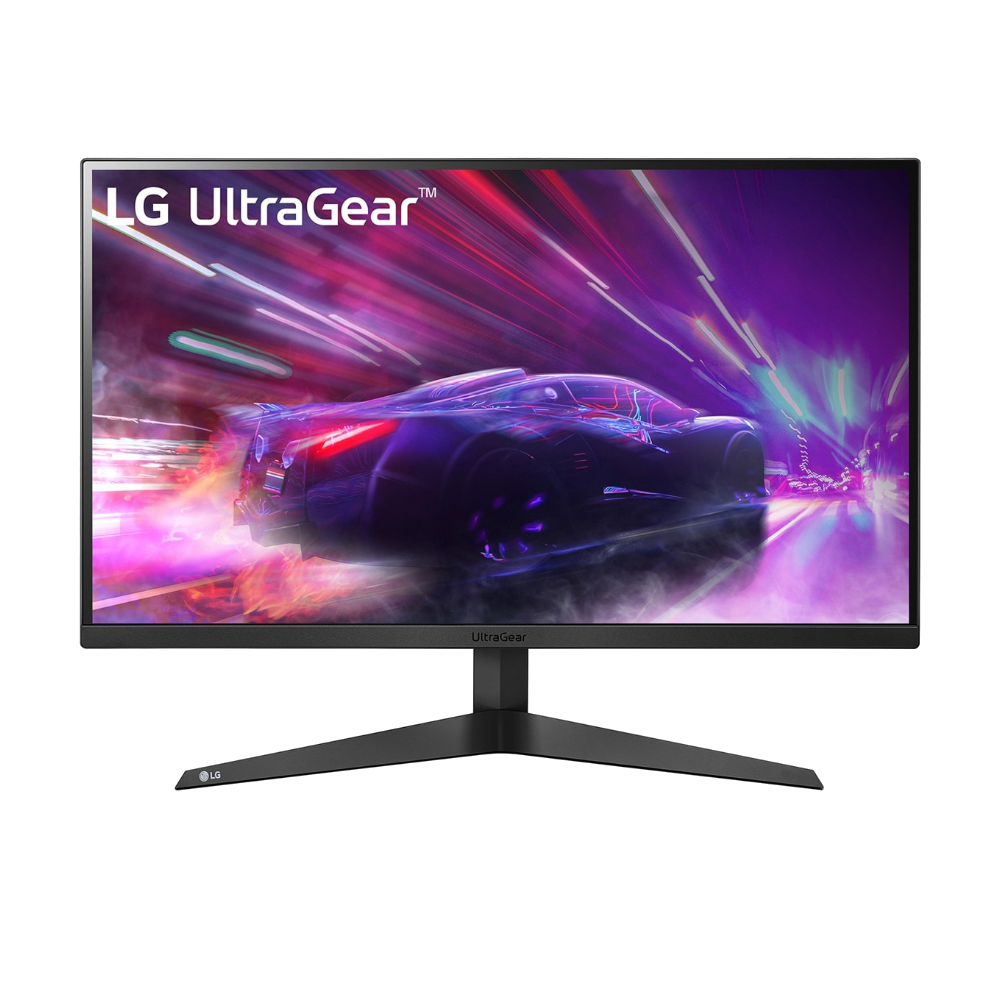 LG UltraGear monitör. Ekranda araba yarışı, siyah çerçeve.