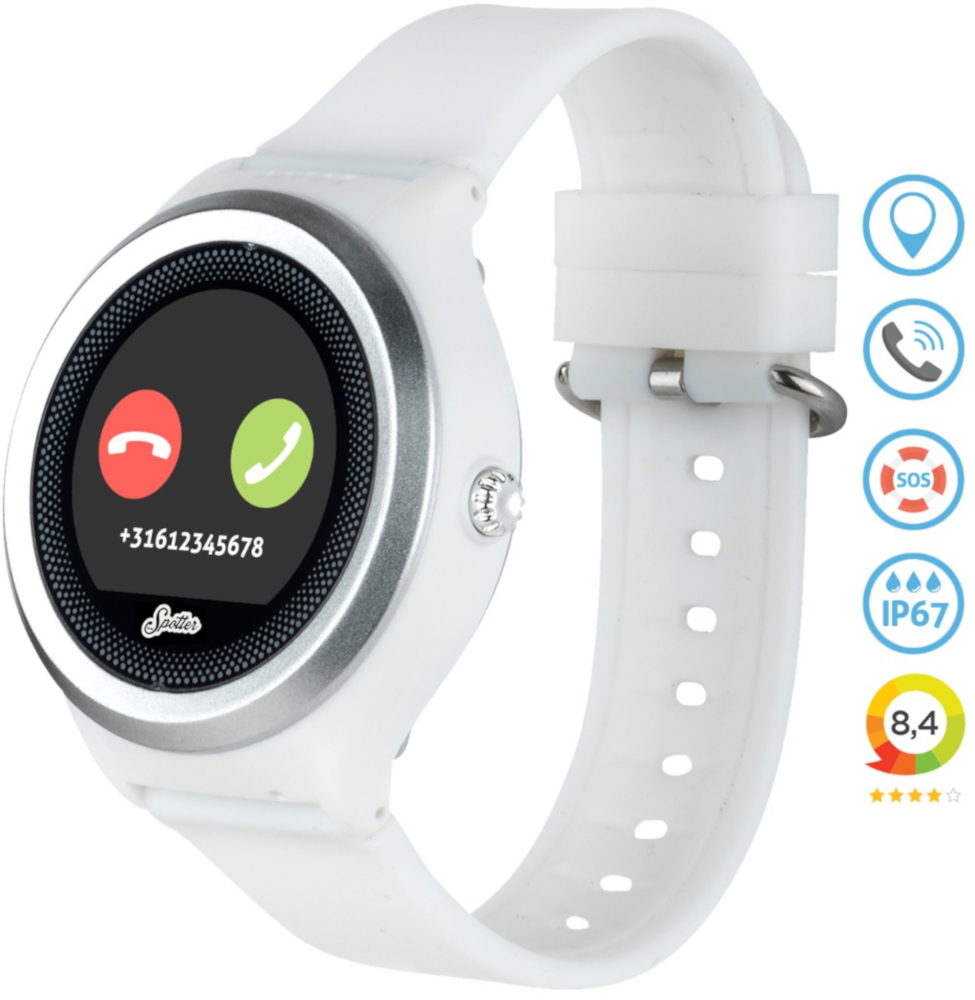 Witte smartwatch met een rond display, een witte band en diverse pictogrammen aan de rechterkant.