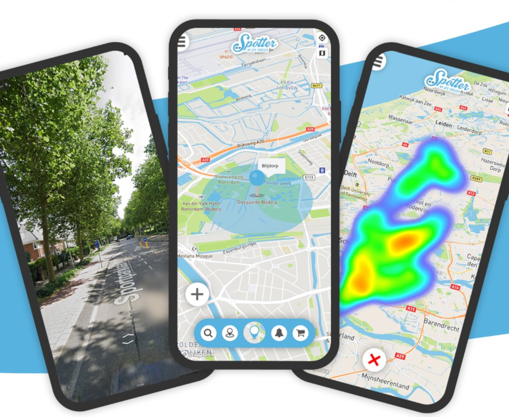 Drie telefoons met kaarten die wegweergaven, kaartindelingen en heatmaps tonen.