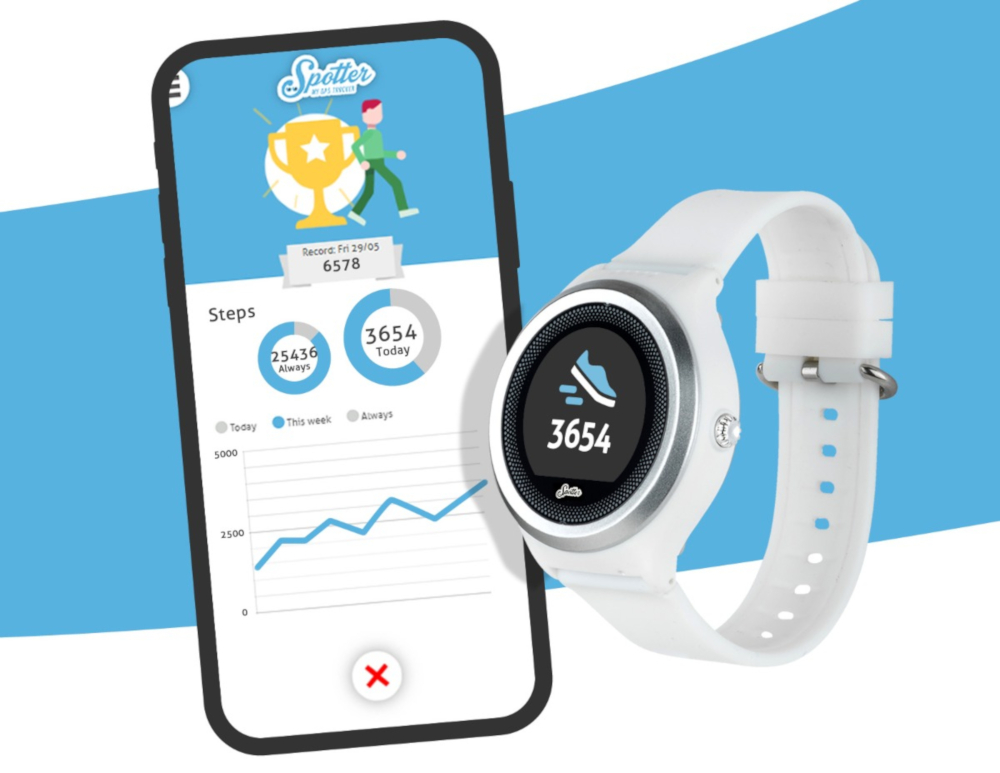 Een witte fitnesstracker met een telefoon met stappen, op een blauwe achtergrond.