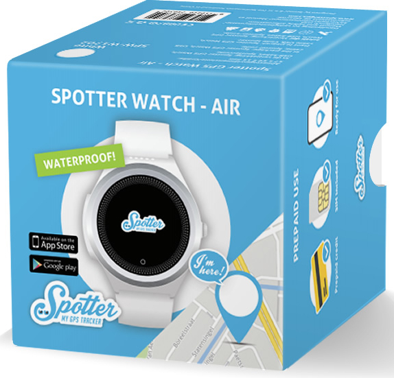 Doos van Spotter GPS-horloge. Het horloge is wit, de doos blauw met graphics.