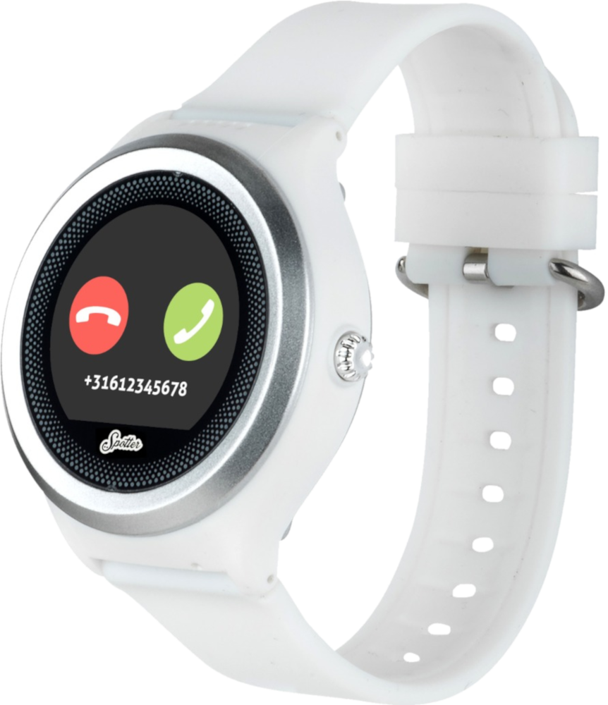Een witte smartwatch die een telefoonkiezer scherm toont met bel- en beëindig-oproep iconen.