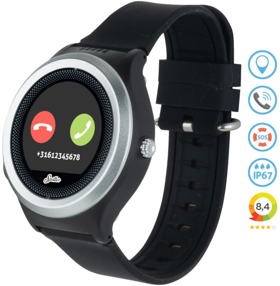 Une smartwatch noire avec un écran rond. Elle affiche une interface d'appel avec un numéro de téléphone. Icônes des fonctionnalités à droite.