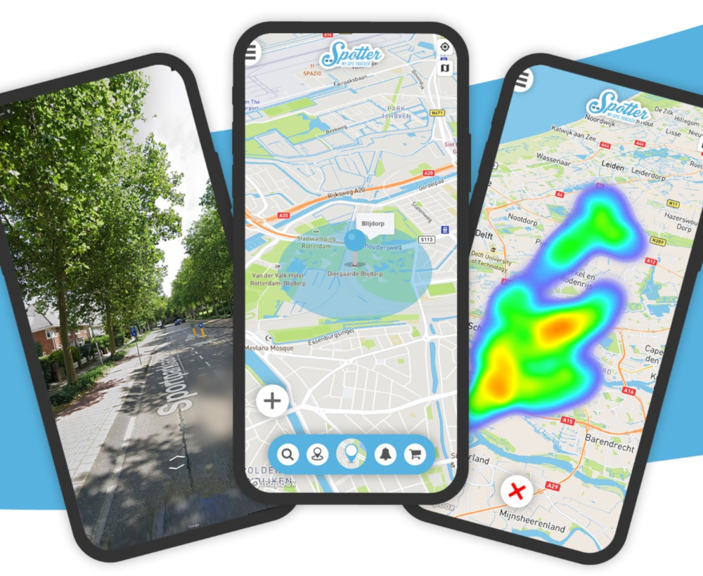 Trois smartphones affichent des cartes avec des données de localisation. Bâtiments et routes visibles. Fond bleu et blanc.
