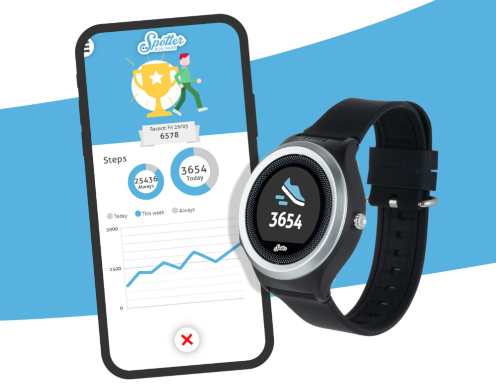 Une smartwatch avec des données d'application et un smartphone montrant les pas et les données.
