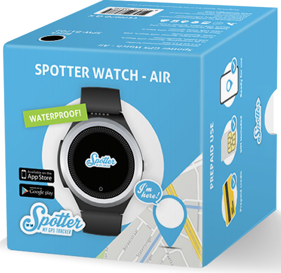 Une boîte bleue contenant une montre GPS Spotter avec du texte.