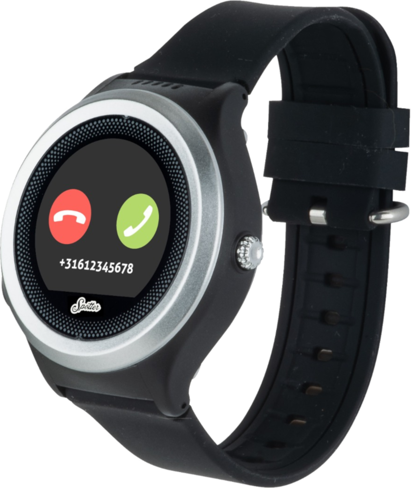 Smartwatch avec un écran d'appel affichant un numéro de téléphone, bracelet noir et anneau argenté.