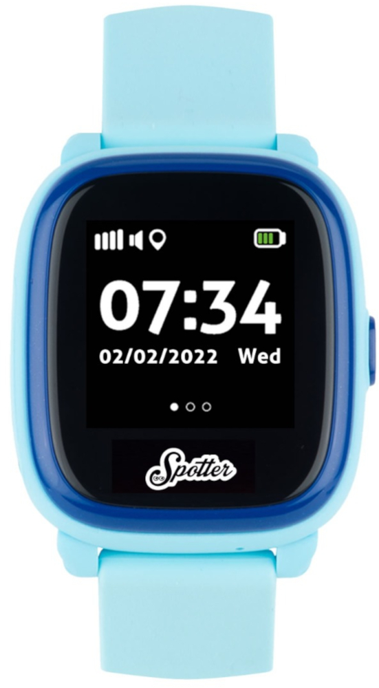 Een lichtblauwe smartwatch met een zwart scherm dat tijd en datum weergeeft.