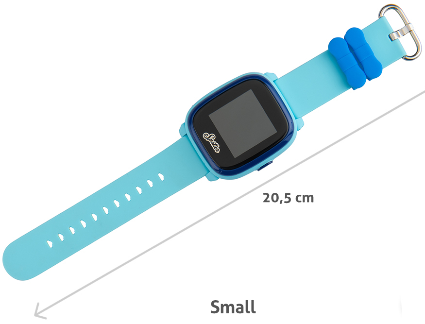 Een lichtblauw horloge met een blauwe band, met een afmeting van 20,5 cm.