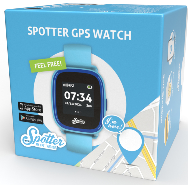Doos met een blauw GPS-horloge erop. Het horloge toont de tijd en datum. Bevat de tekst Spotter.