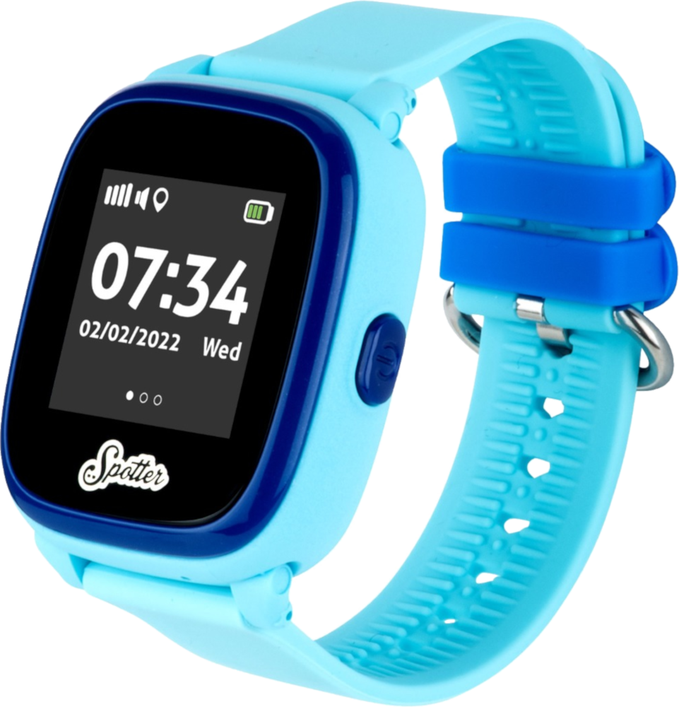 Blauw smartwatch met tijd en datum. Tekst: Spotter. Blauwe band.