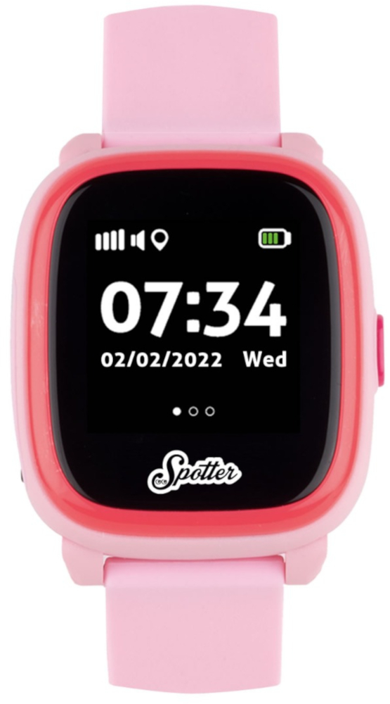 Smartwatch rose avec écran noir affichant l'heure et la date. La montre a un bracelet rose.