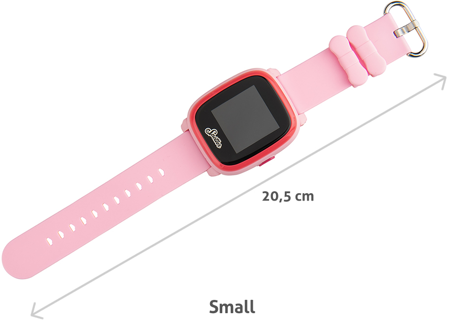 Montre connectée rose avec bracelet rose. Une mesure de 20,5 cm est indiquée. Le mot "Small" est écrit.