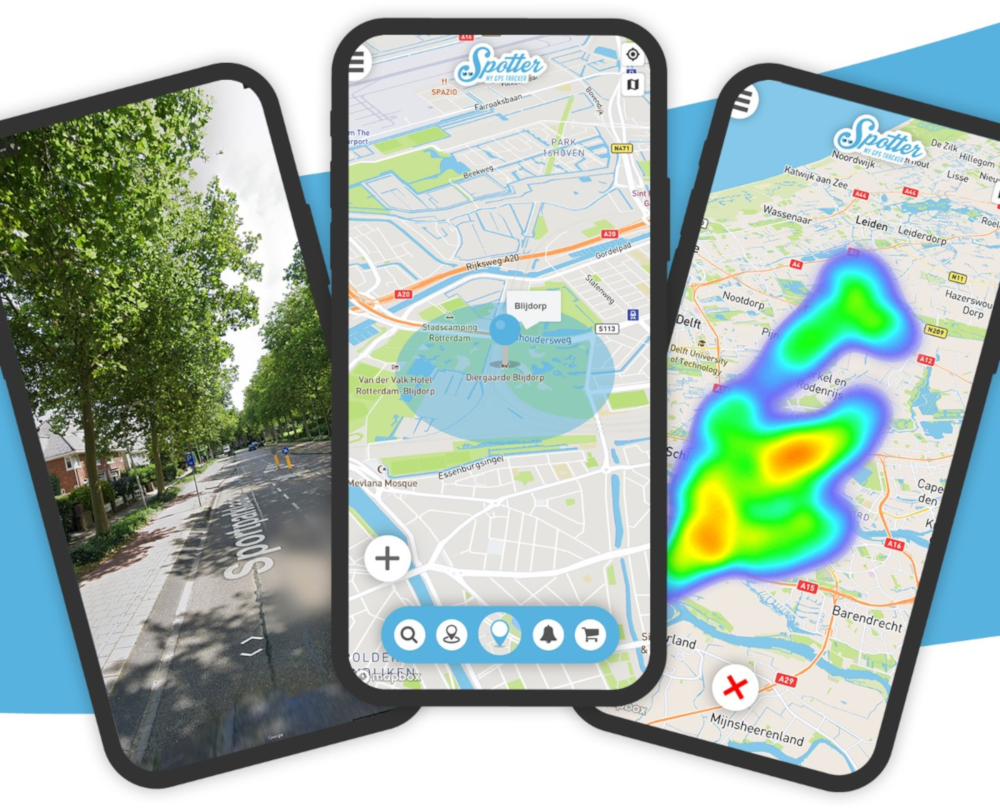 Trois smartphones avec des applications de cartographie montrant différentes vues d'une ville.