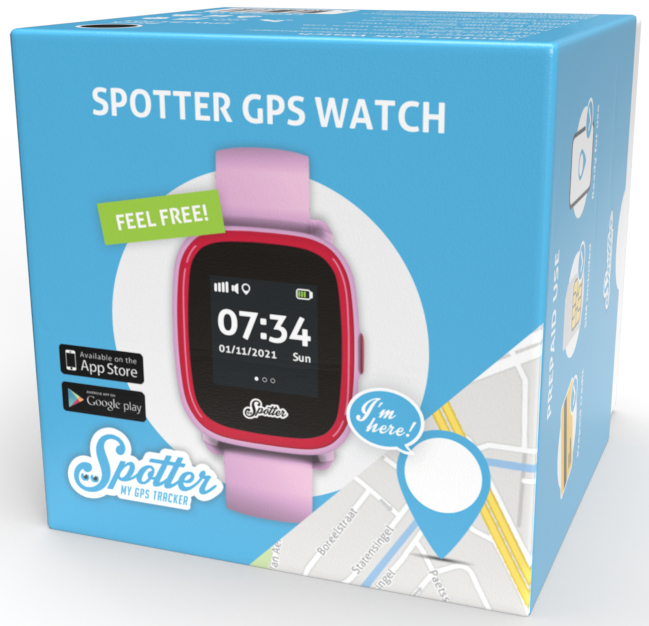 Une montre GPS dans une boîte bleue. La montre est rose et possède un affichage numérique. Carte et texte sont affichés.