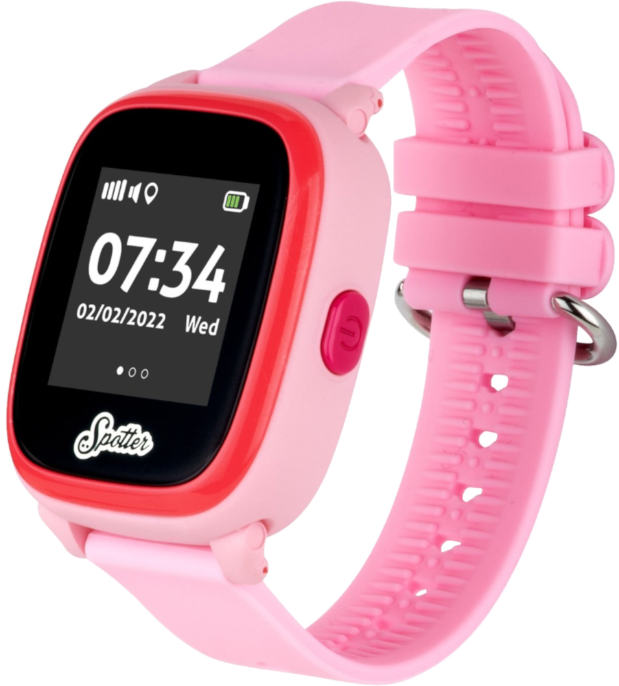 Smartwatch Spotter rose. Affichage numérique de l'heure et de la date. Bracelet et corps roses.
