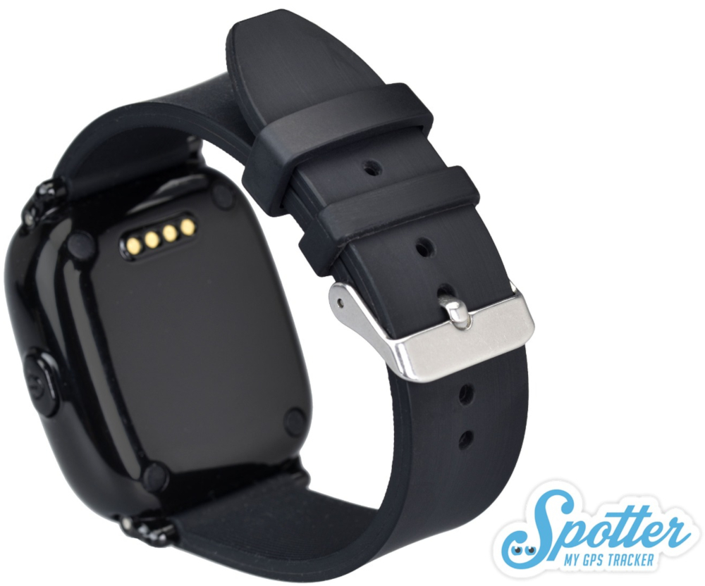 Montre intelligente noire avec bracelet noir et fermoir en métal.