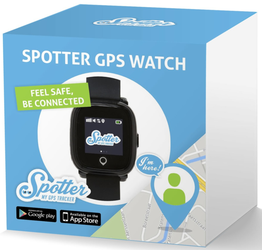 Une boîte bleue montre une montre GPS noire. Le texte indique 'Spotter GPS Watch'.