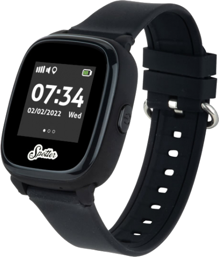 Smartwatch Spotter noir avec écran affichant l'heure et la date, bracelet noir.