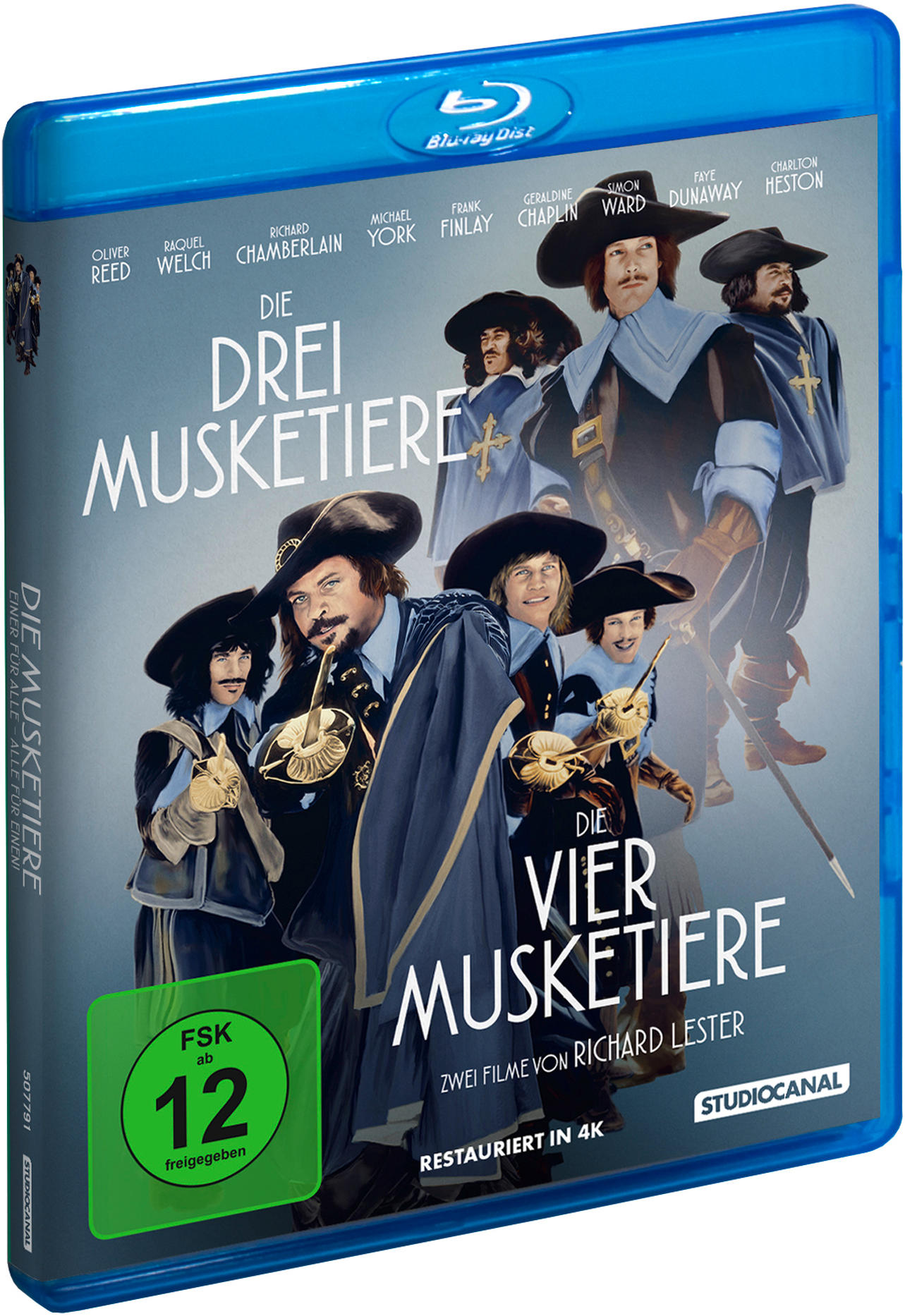 Blu-ray-Disc-Box mit Filmtitel 'Die Drei Musketiere', Schauspielern und blauem Cover.