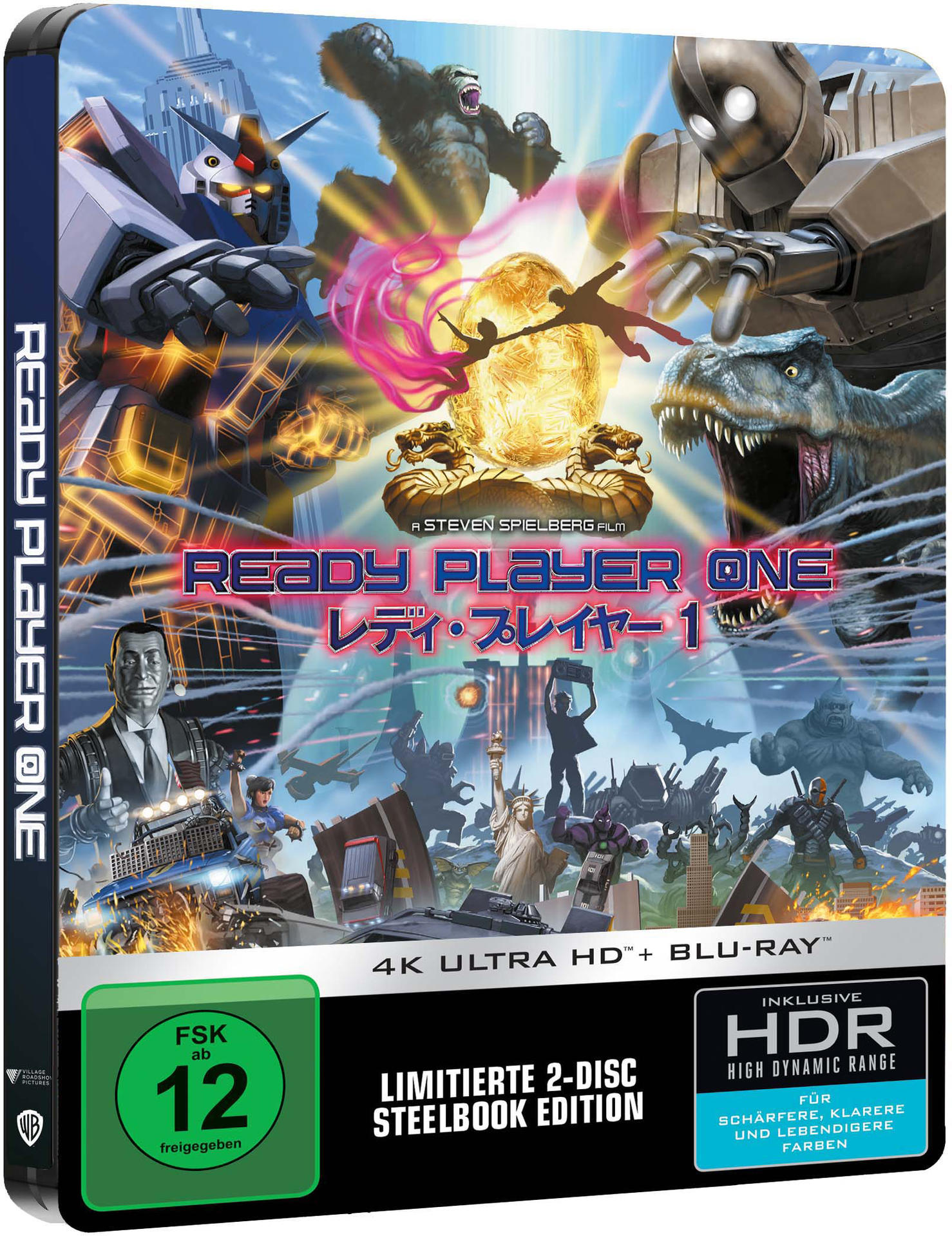 Blu-ray-Hülle mit einem Cover eines Films mit Robotern, einem Dinosaurier und einer futuristischen Stadtszene.