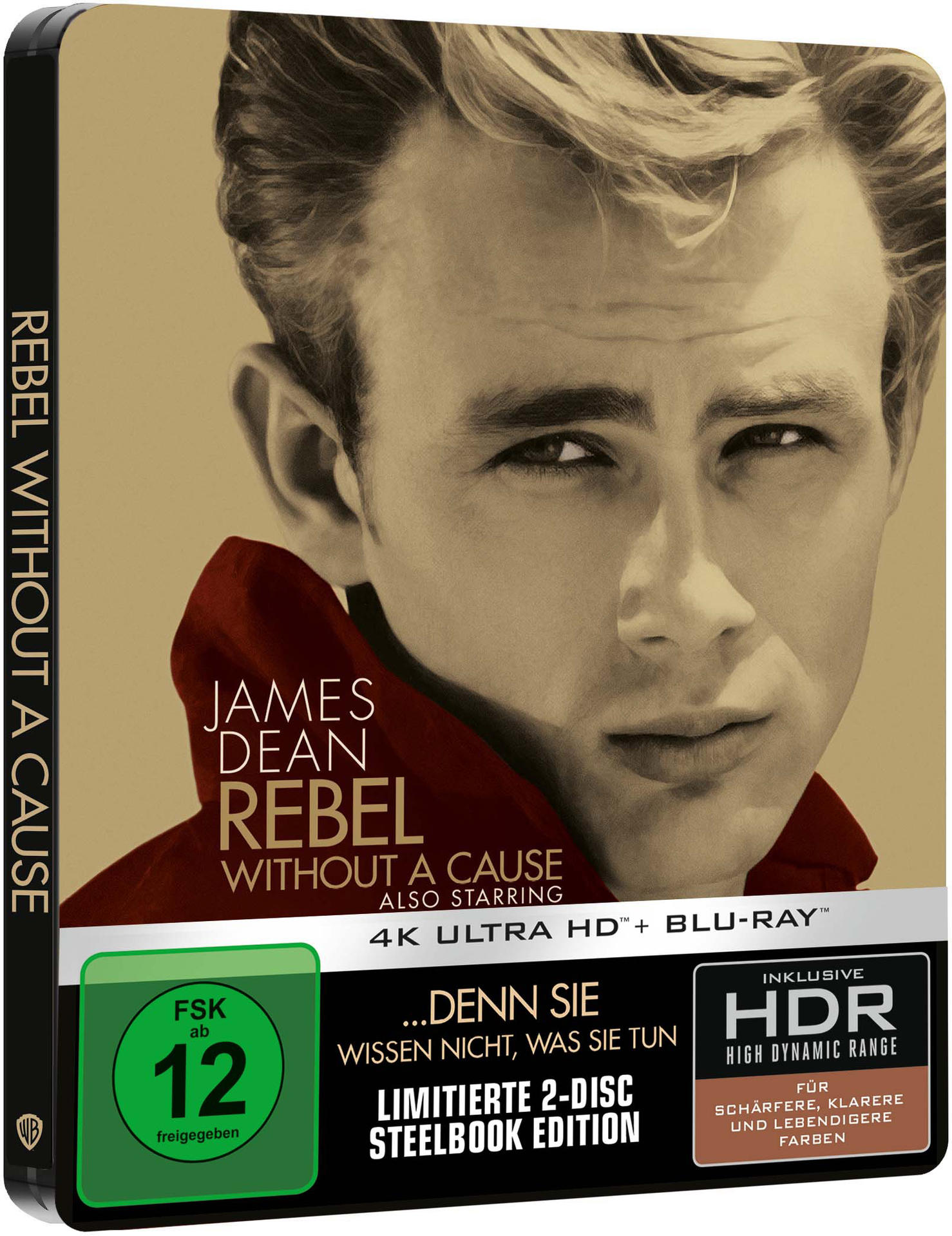 DVD-Hülle für den Film 'Rebel Without a Cause'. Zeigt das Gesicht von James Dean und Filmdetails.