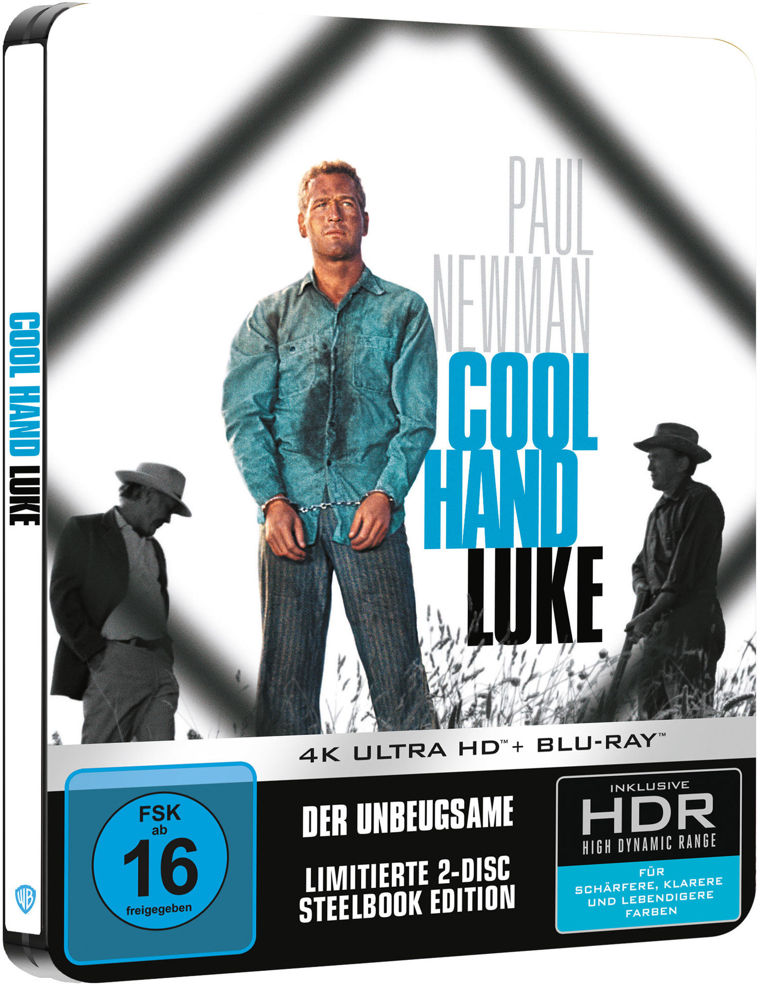 Blu-ray-Cover des Films Cool Hand Luke. Paul Newman ist in Handschellen. Zwei Männer sind im Hintergrund.