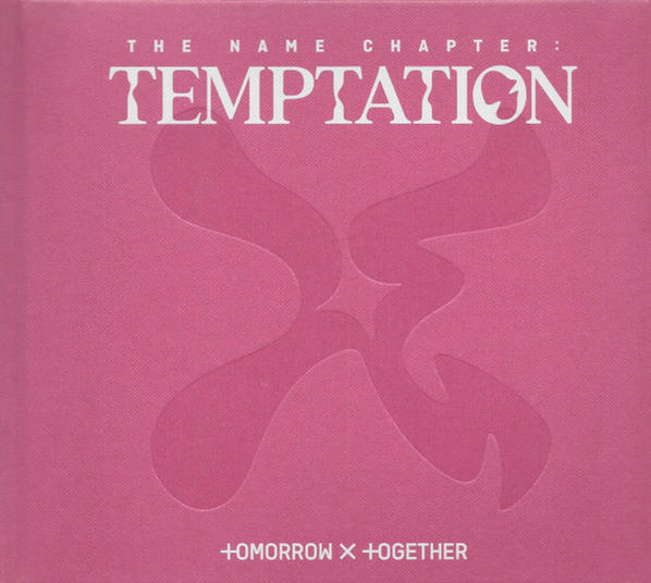Rosa Albumcover mit weißem Logo und Text: The Name Chapter: Temptation. +Tomorrow X +Together.
