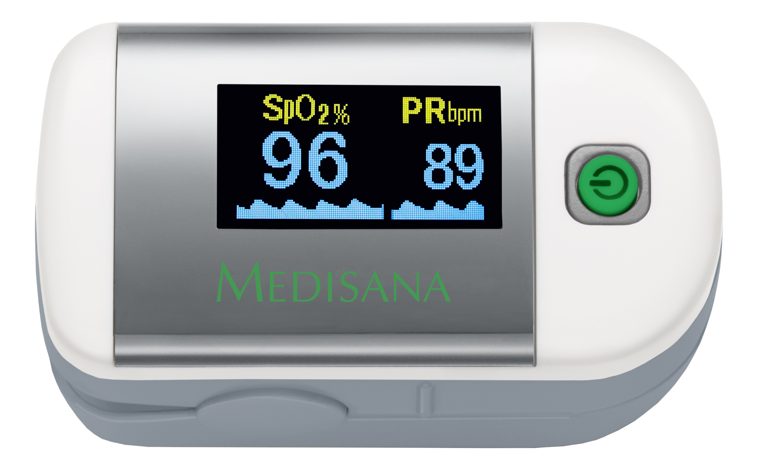 Ein Medisana Pulsoximeter zeigt SpO2 mit 96% und PR mit 89 an, mit grünem Power-Knopf.