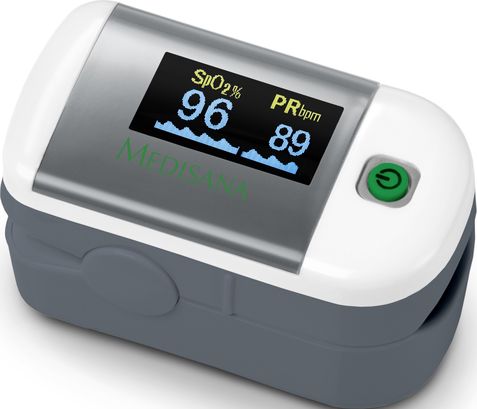 Ein Finger-Pulsoximeter mit einem Bildschirm zeigt 96 für SpO2% und 89 für PRbpm an.