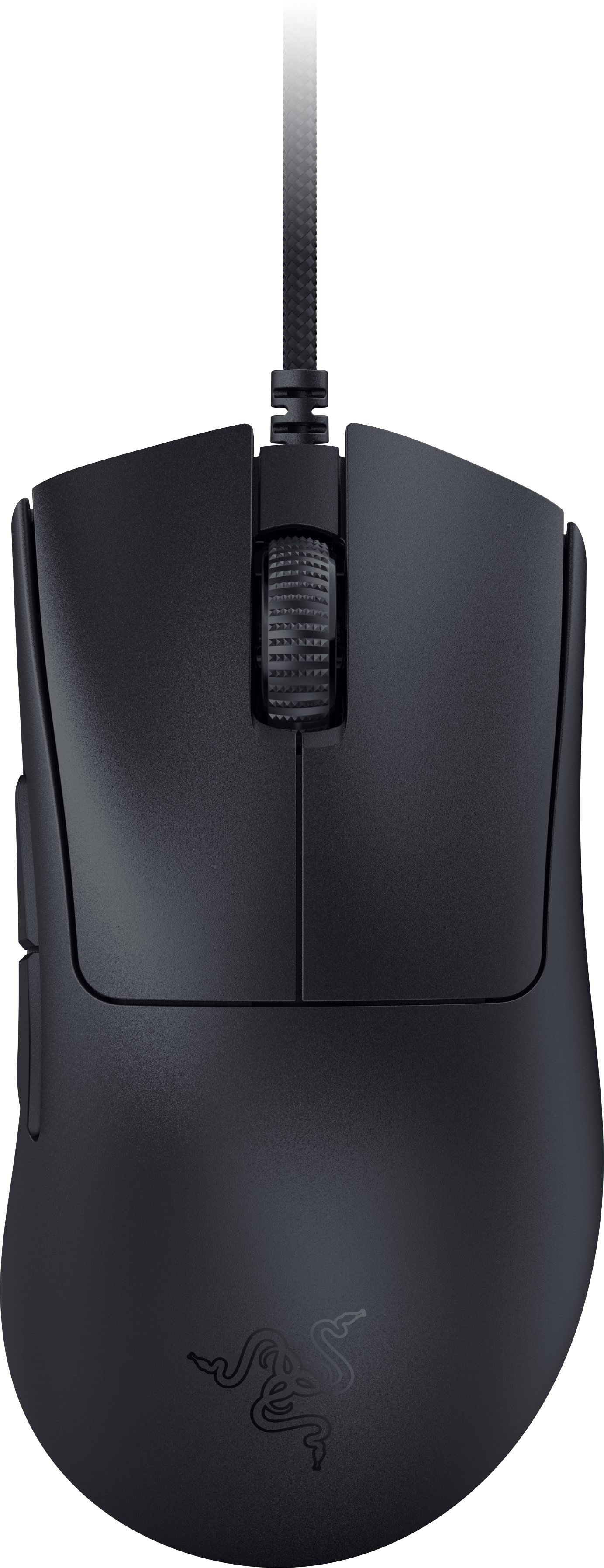 Schwarze Razer Gaming-Maus mit Kabel. Sie hat zwei Seitentasten und ein Scrollrad.