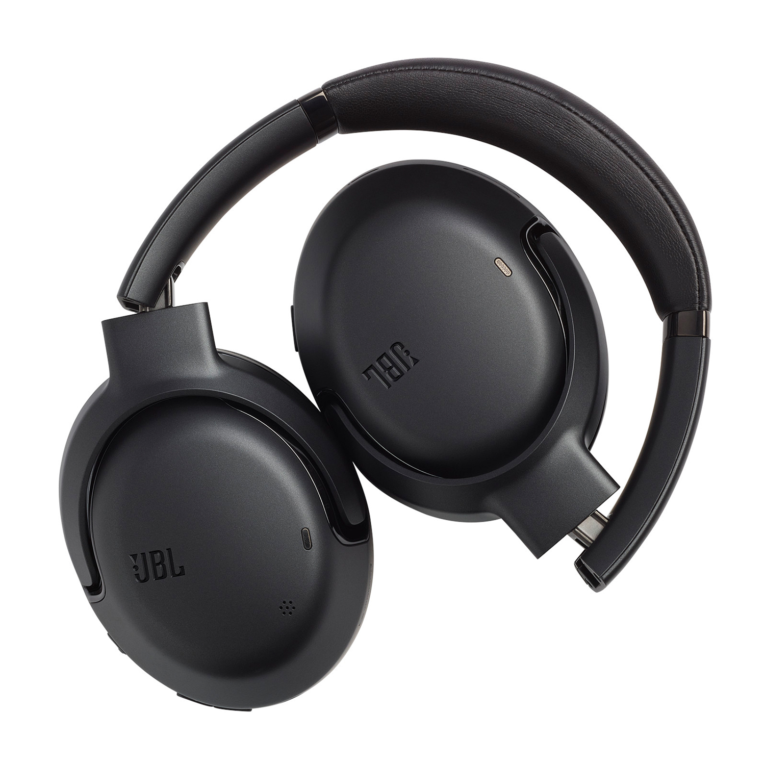 Cuffie JBL nere sono mostrate aperte, mostrando i padiglioni auricolari e l'archetto.