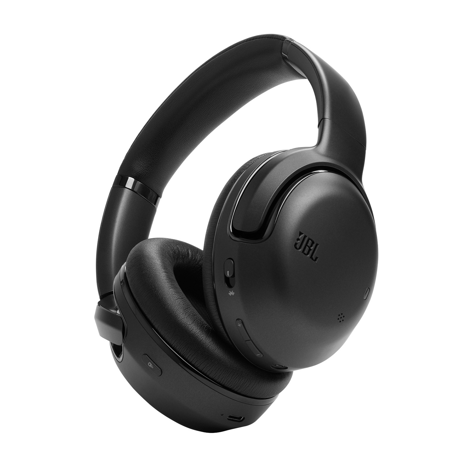 Cuffie JBL nere con archetto e padiglioni curvi, viste in prospettiva su sfondo bianco.