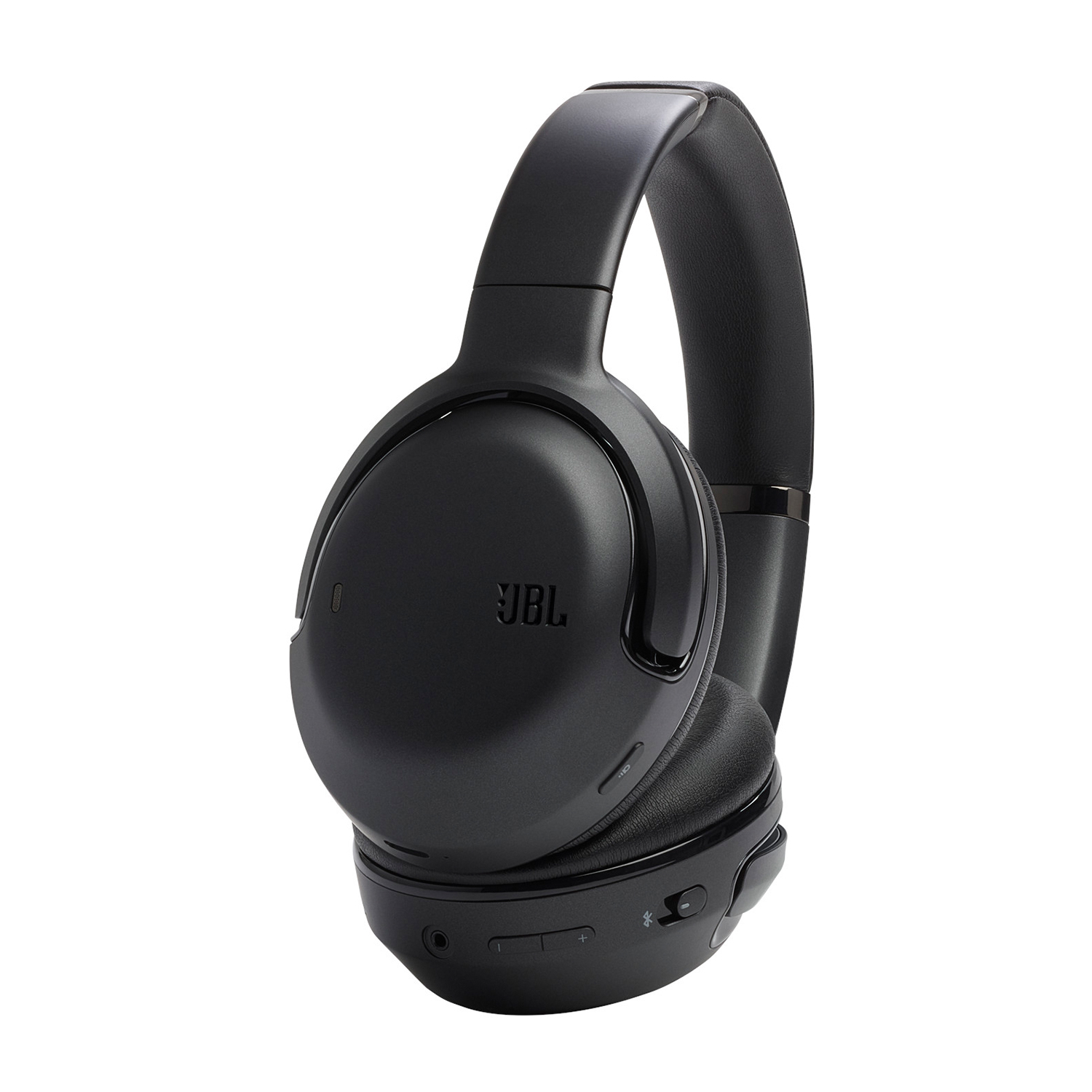 Cuffie JBL nere, che mostrano i padiglioni auricolari, l'archetto e i pulsanti di controllo.