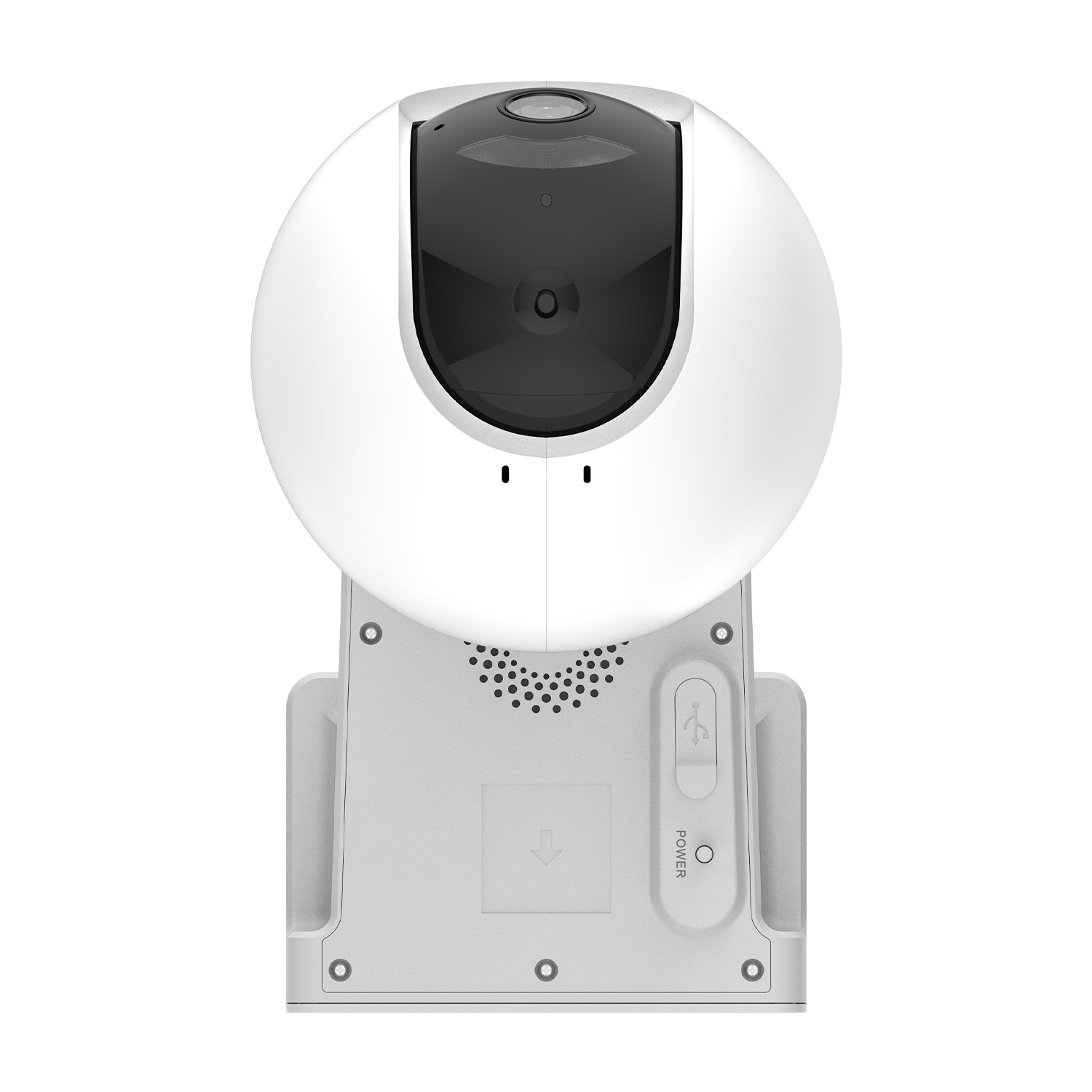 Una telecamera di sicurezza bianca con obiettivo nero, parte superiore arrotondata e supporto con porta di alimentazione.