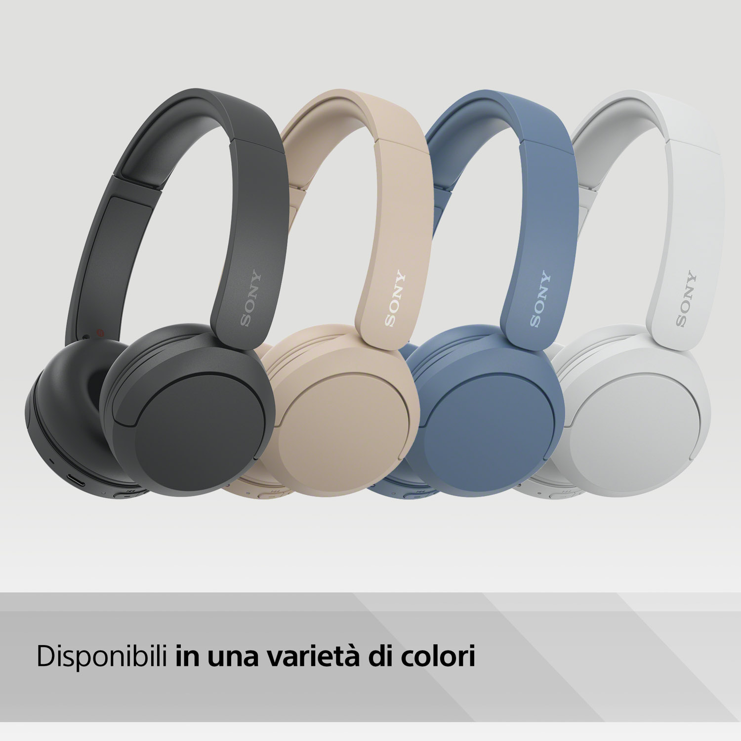Quattro paia di cuffie in diversi colori, con il testo: "Disponibile in una varietà di colori".