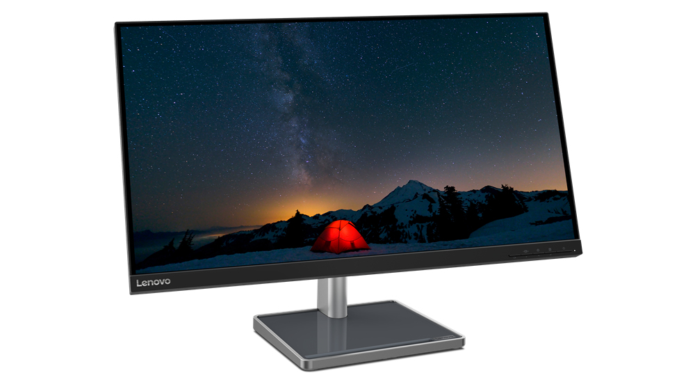 El monitor muestra una escena de noche estrellada con montaña y tienda roja.