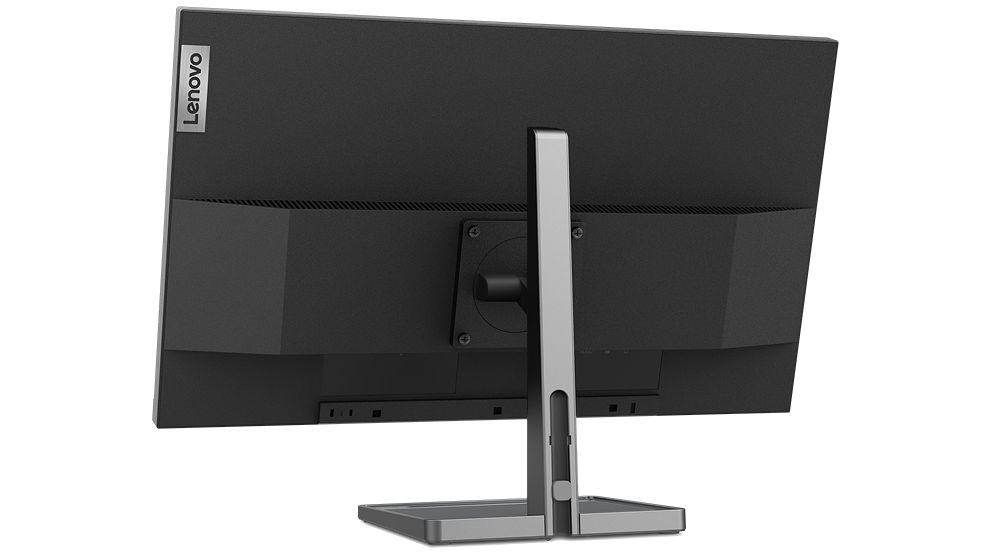 Vista trasera de un monitor de ordenador negro con el logotipo de Lenovo.