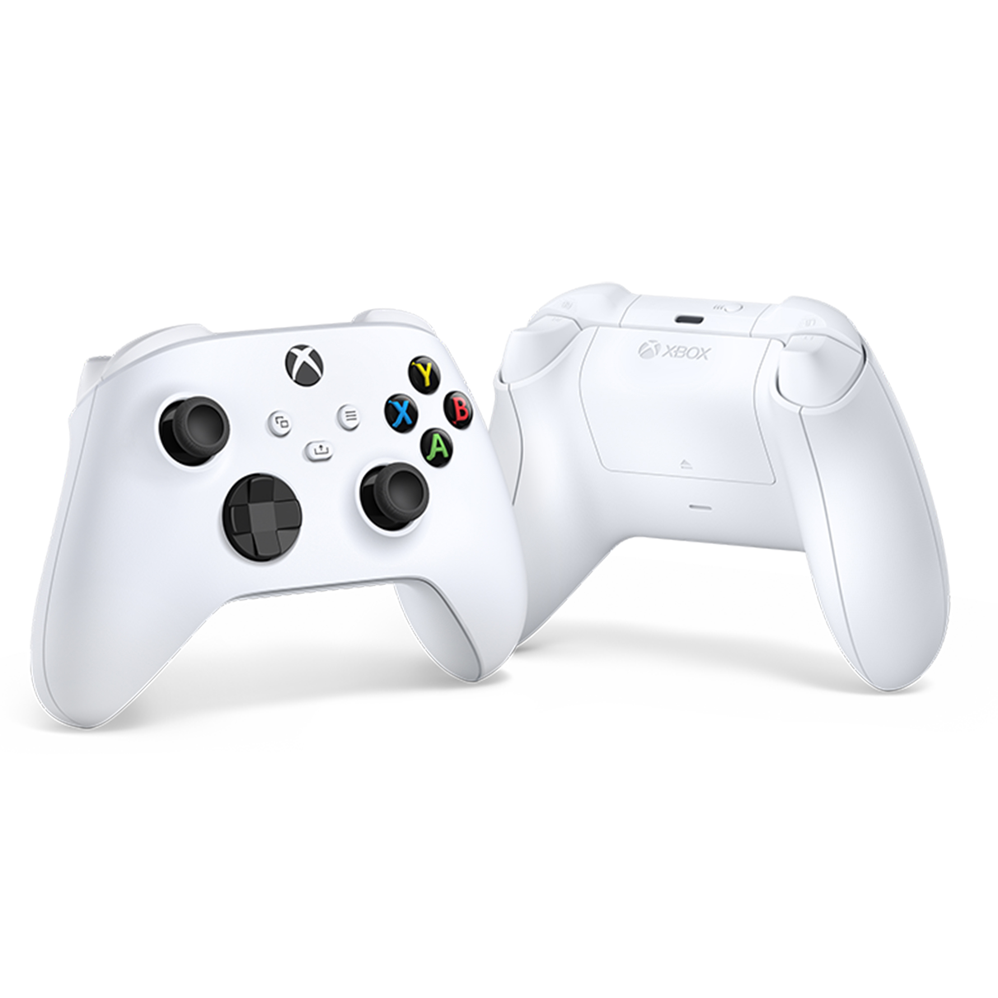 İki beyaz Xbox kontrolcüsü, birinde düğmeler ve joystickler, diğerinde Xbox logosu olan arka tarafı gösteriyor.