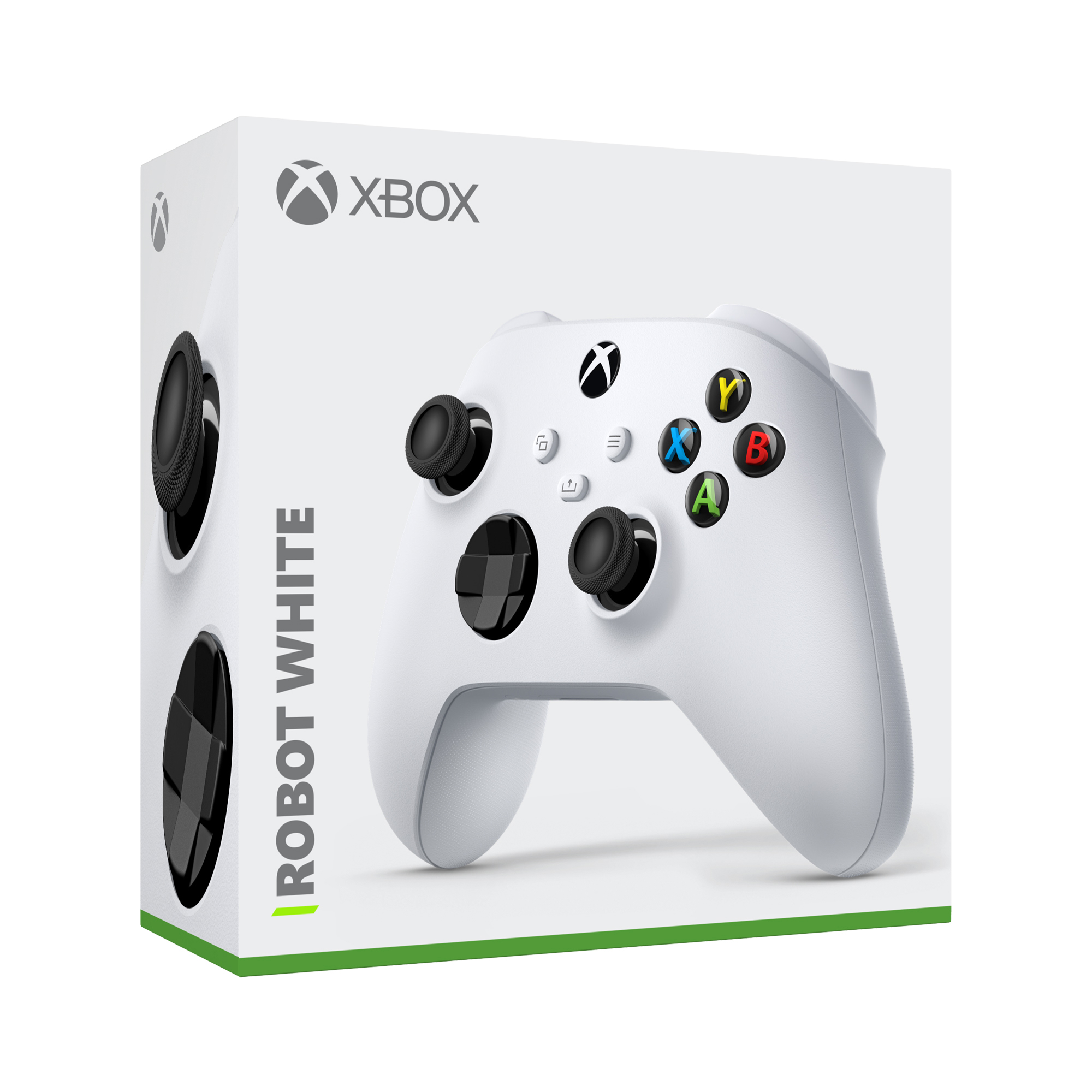 Kutusunda beyaz bir Xbox denetleyicisi, siyah joystick'ler ve renkli düğmeler.
