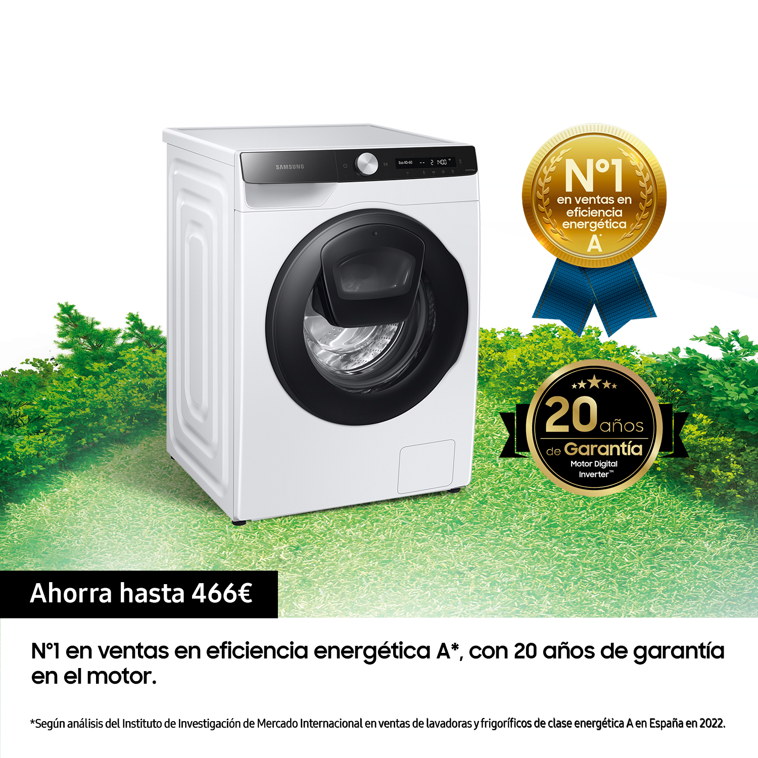 Una lavadora blanca con texto, una medalla de oro y una cinta azul contra vegetación.
