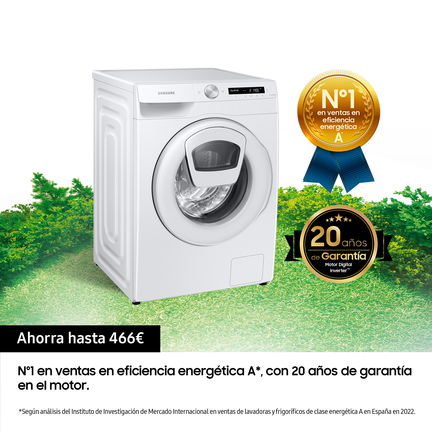 Lavadora blanca con emblema de premio y texto.