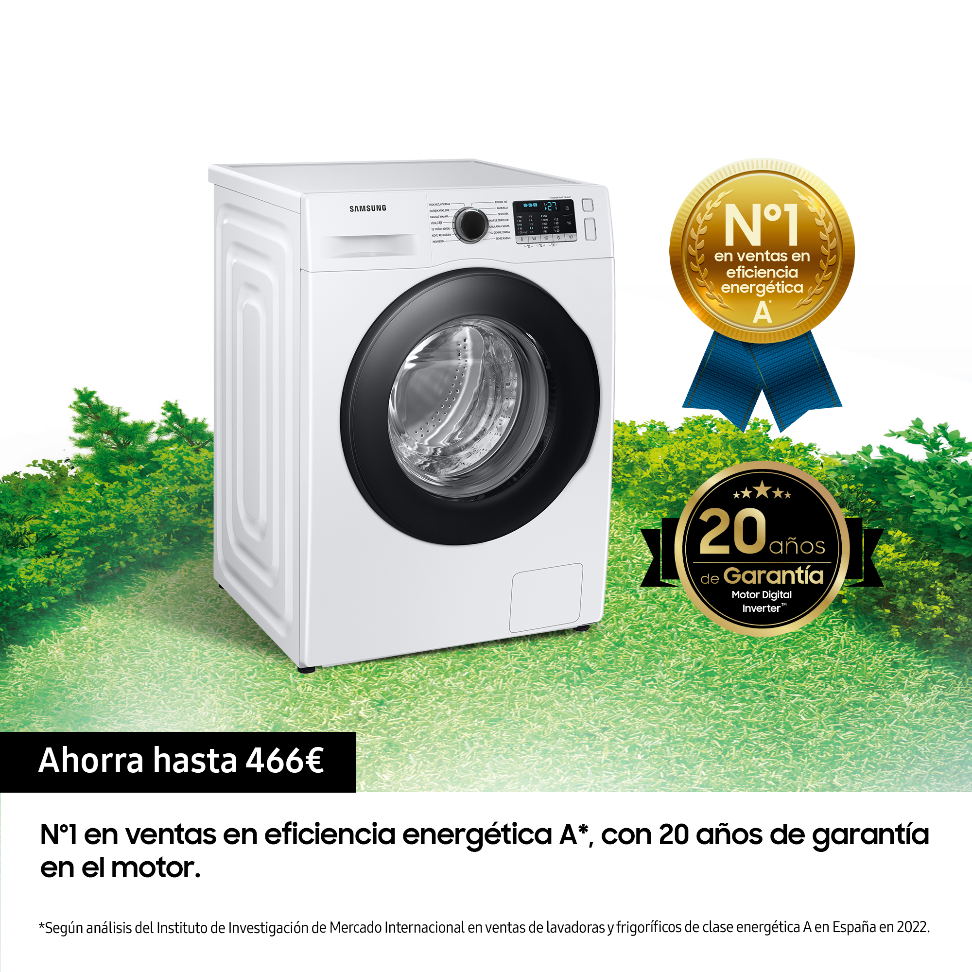 Lavadora Samsung blanca con puerta negra. Visible insignia de premio y texto.