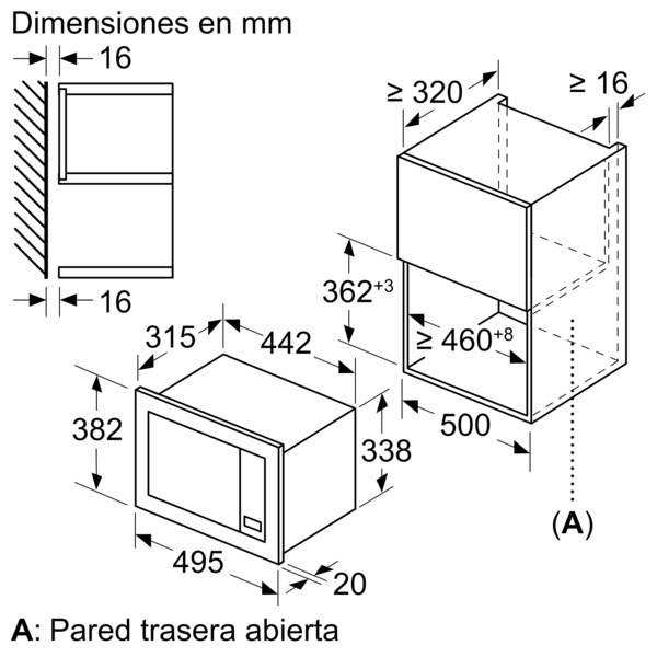 Diagrama con dimensiones en mm de un horno microondas y su espacio de instalación.