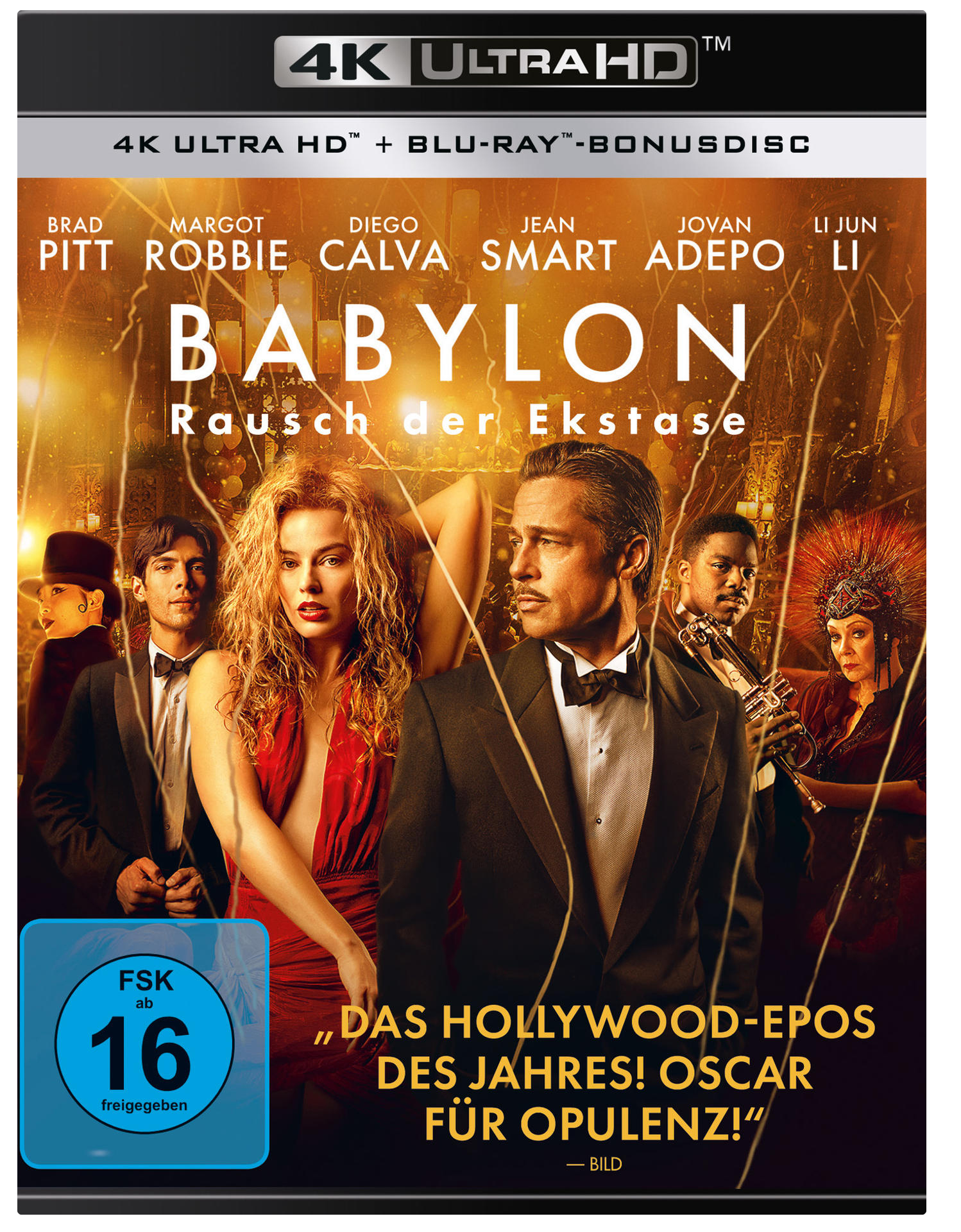 Filmplakat: Brad Pitt und Margot Robbie, andere, Text: Babylon, Deutsch.