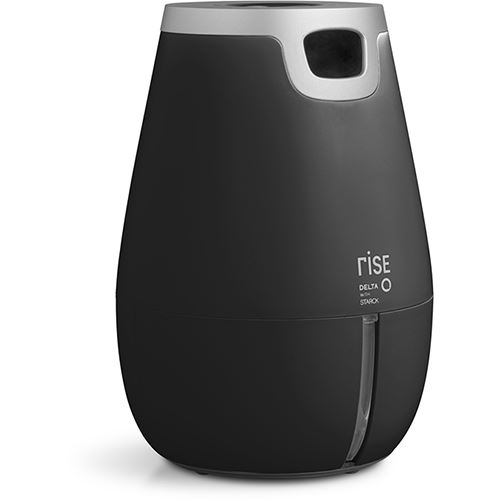 Humidificador de aire negro con tapa plateada. Tiene un indicador de nivel de agua.