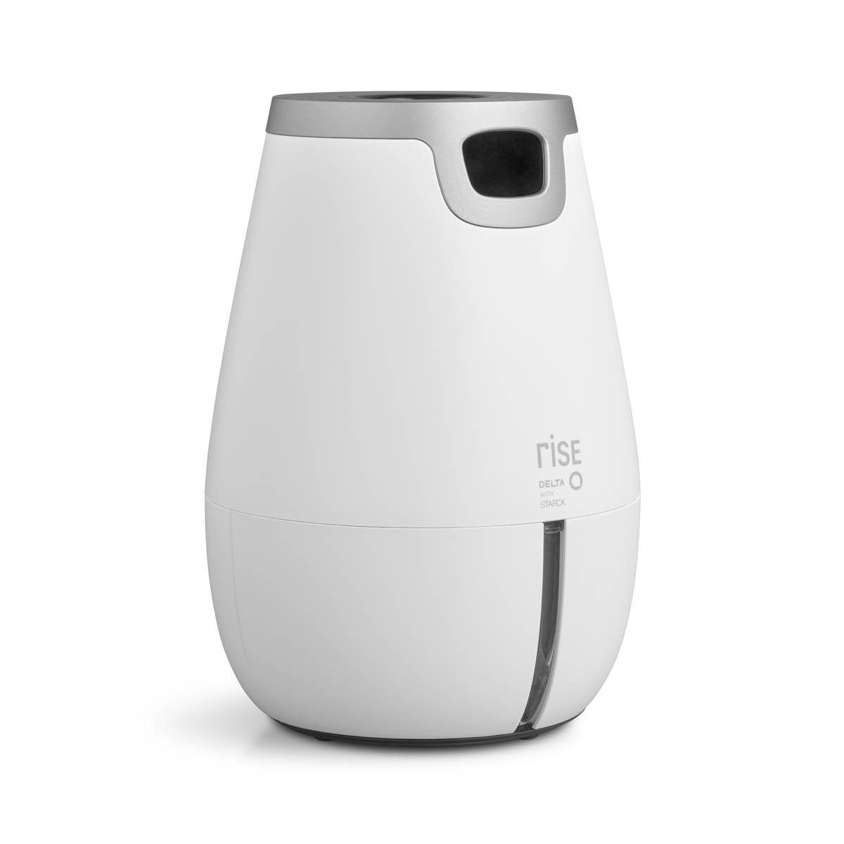 Humidificador blanco con parte superior plateada e indicador de nivel de agua visible sobre fondo blanco.