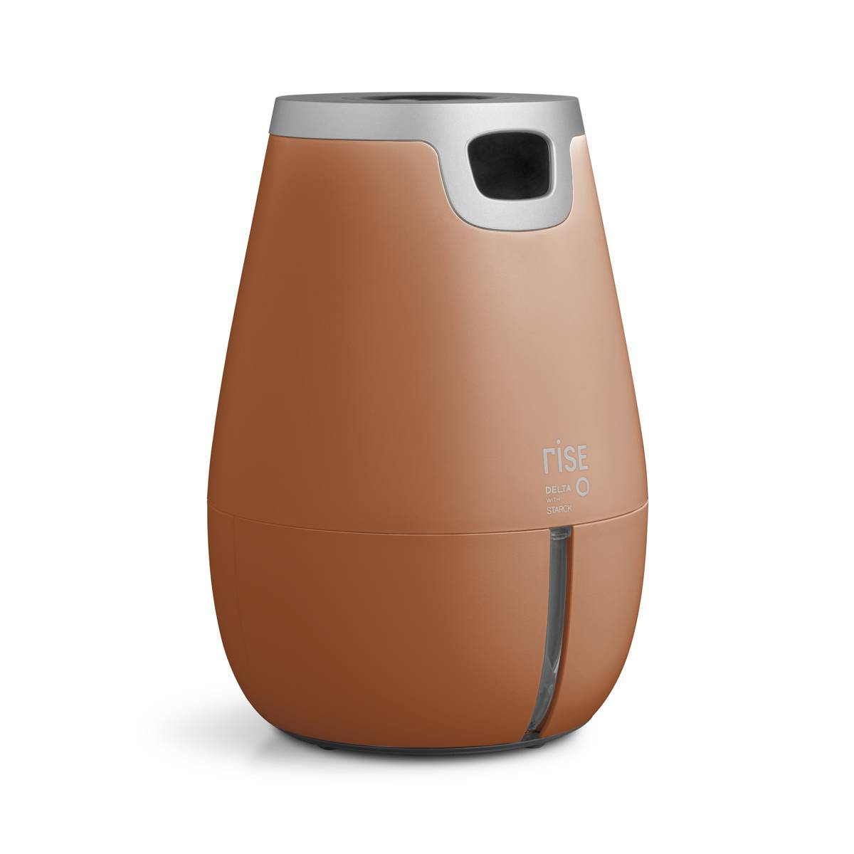 Humidificador naranja y plateado sobre un fondo blanco. Tiene un indicador de nivel de agua.